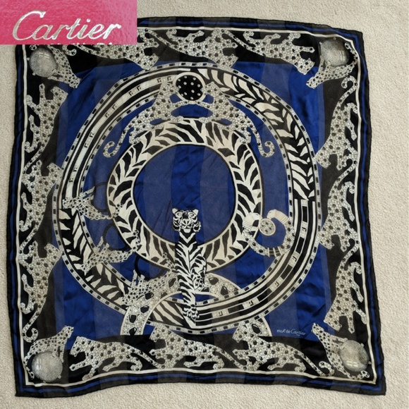 Cartier Accessories - CARTIER PANTHER silk scarf BLUE w BLACK gift